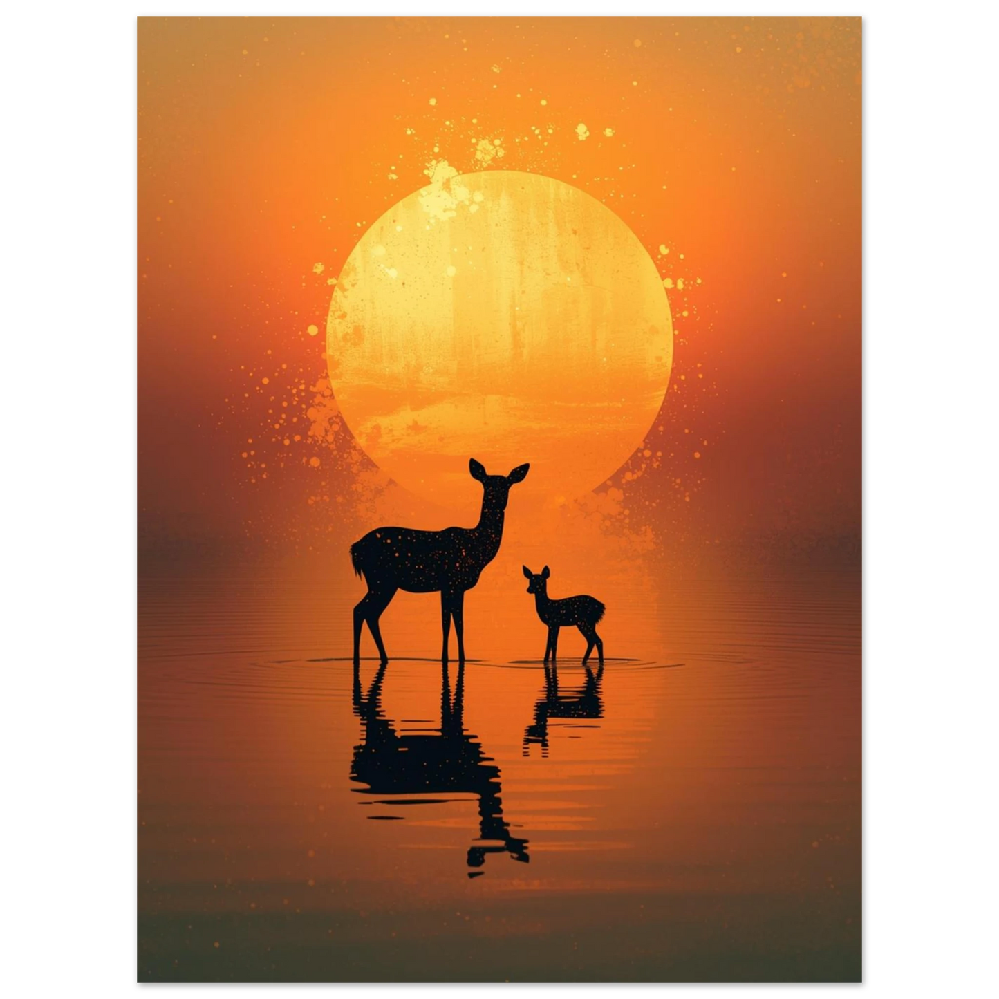 Stämningsfull naturposter med hjortar i motljus och konstnärliga färgstänk