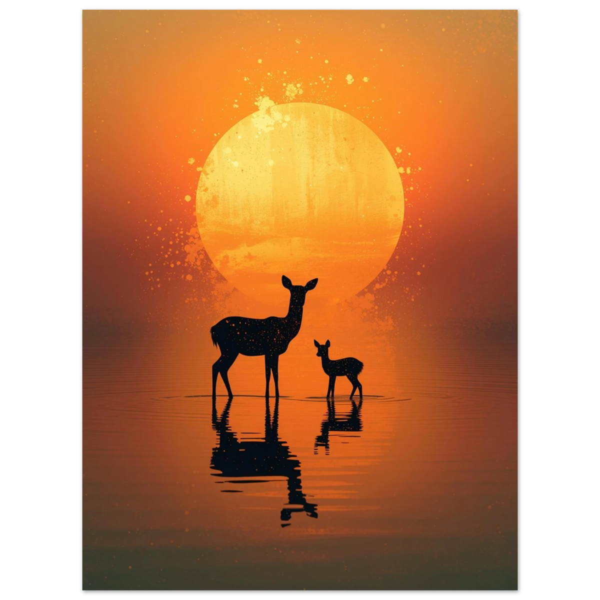 Stämningsfull naturposter med hjortar i motljus och konstnärliga färgstänk
