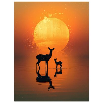 Stämningsfull naturposter med hjortar i motljus och konstnärliga färgstänk