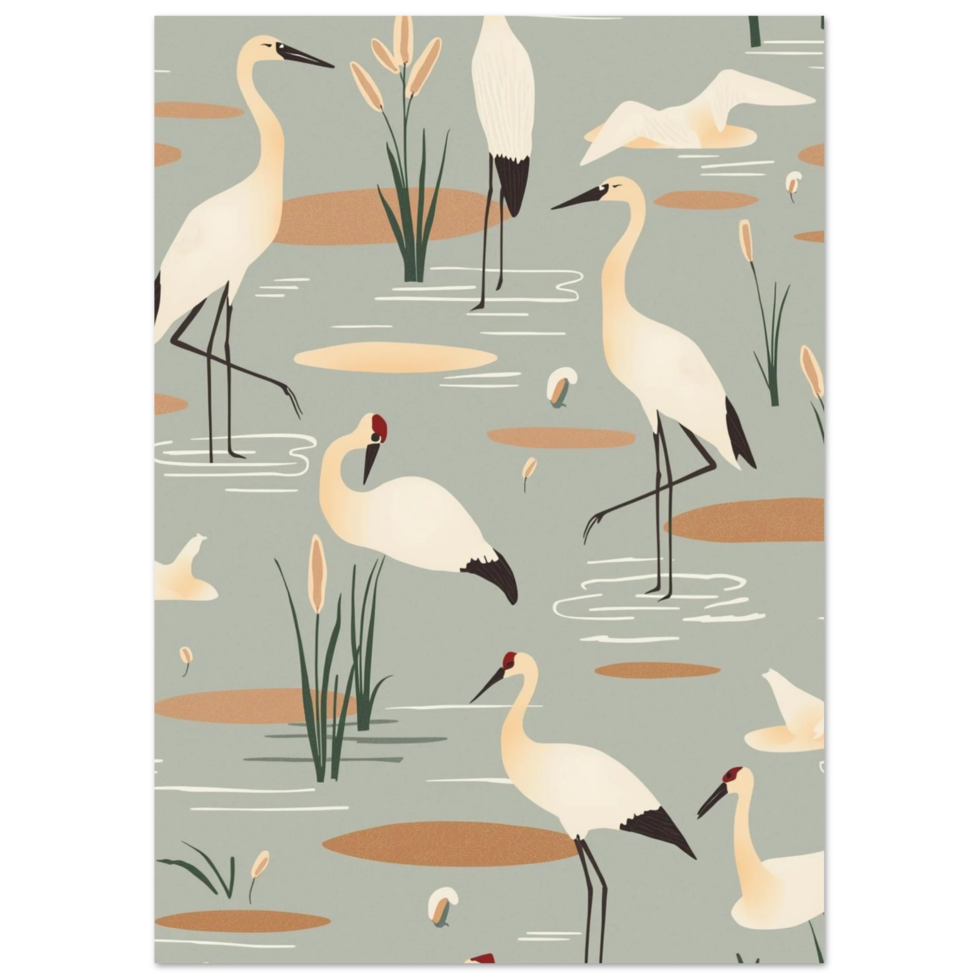 Elegant fågelposter föreställande tranor i en lugn damm, vintageinspirerad stil