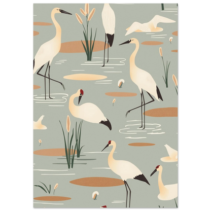 Elegant fågelposter föreställande tranor i en lugn damm, vintageinspirerad stil
