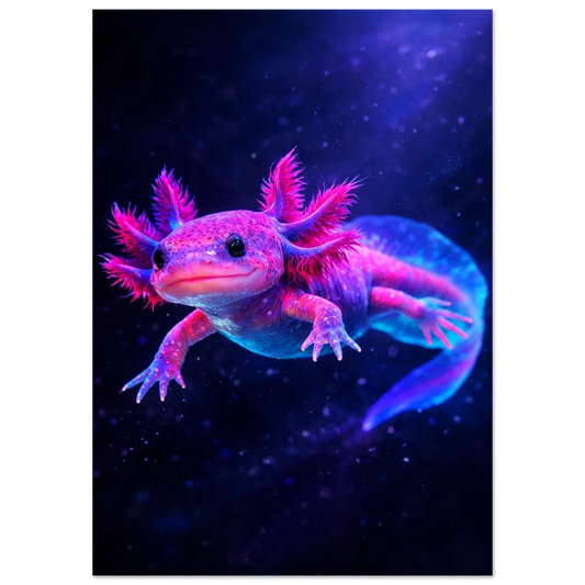 Rosa och blå axolotl i glödande neonfärger i ett mörkt vatten – Fotorealistisk poster
