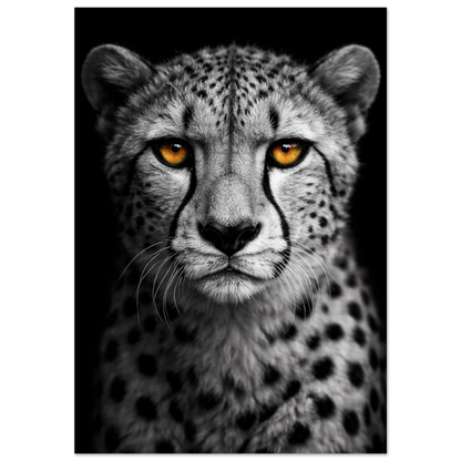Gepard i svartvitt med intensivt orange blick på svart bakgrund