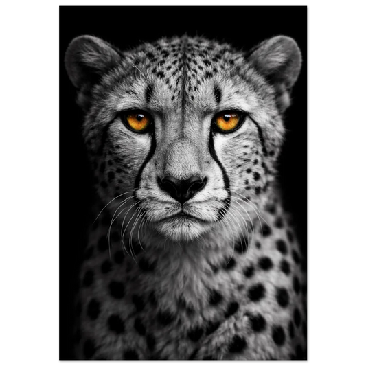 Gepard i svartvitt med intensivt orange blick på svart bakgrund