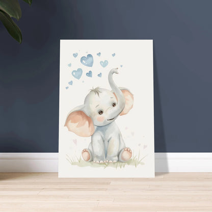 Söt baby-elefant i akvarell med blå hjärtan, mjuk och lekfull.