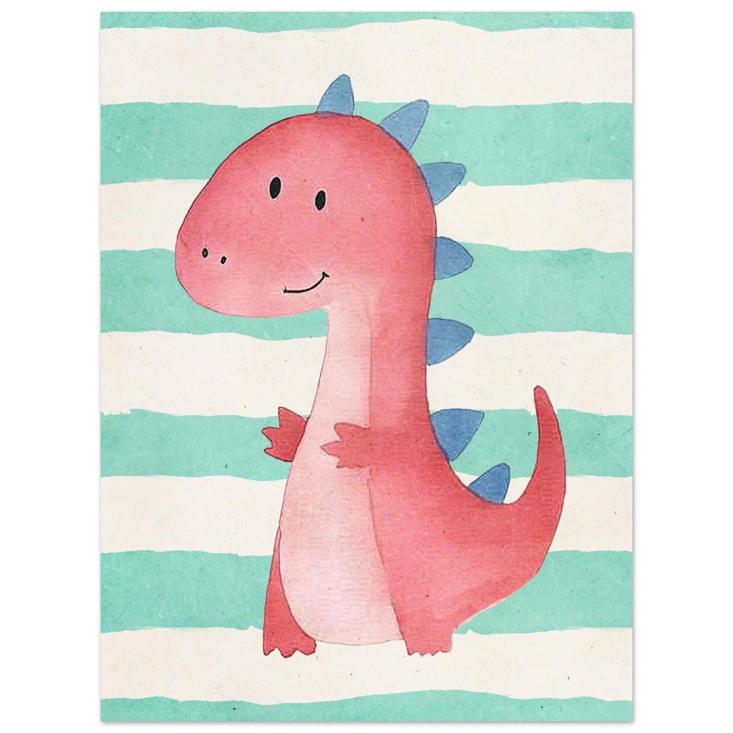 Barnposter föreställande en glad rosa dinosaurie med blå detaljer