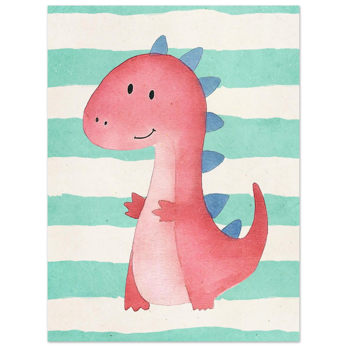Barnposter föreställande en glad rosa dinosaurie med blå detaljer