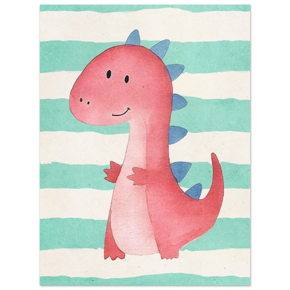 Barnposter föreställande en glad rosa dinosaurie med blå detaljer