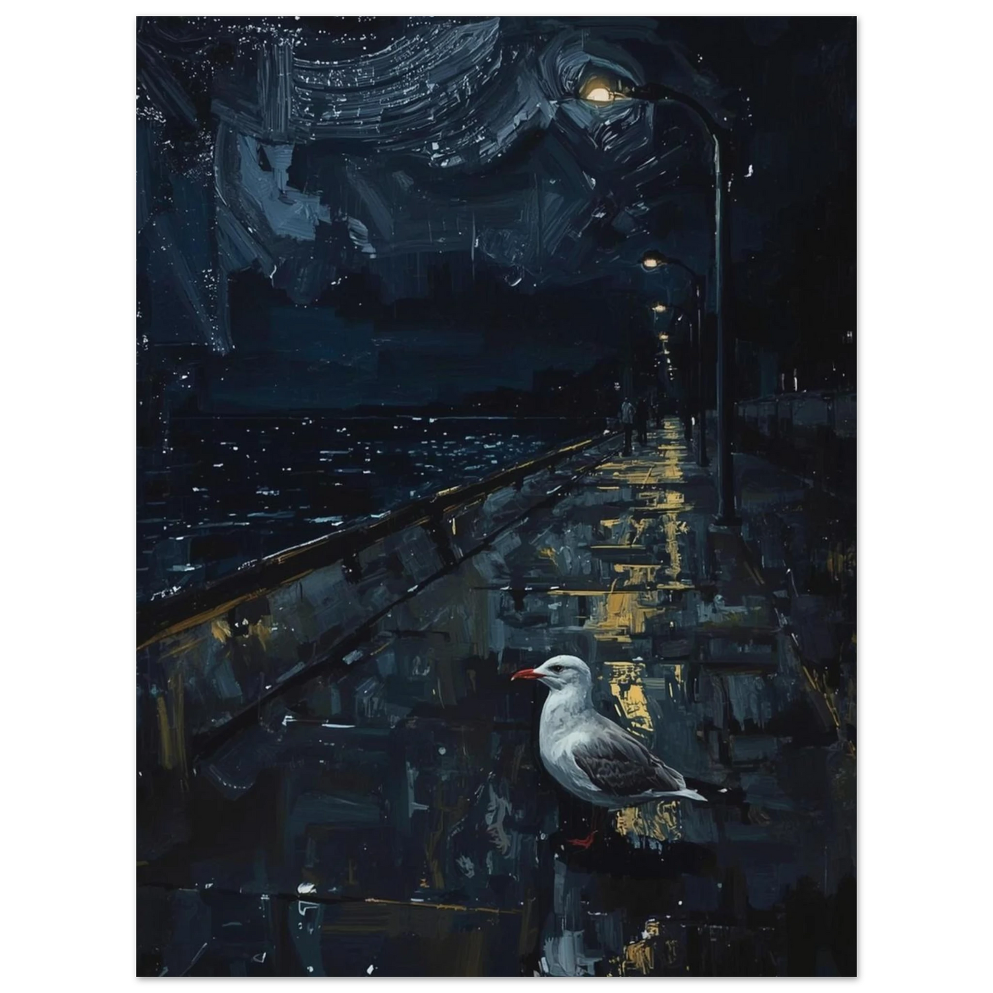 Mås på mörk kustpromenad, akrylmålning med gatlyktor och hav.