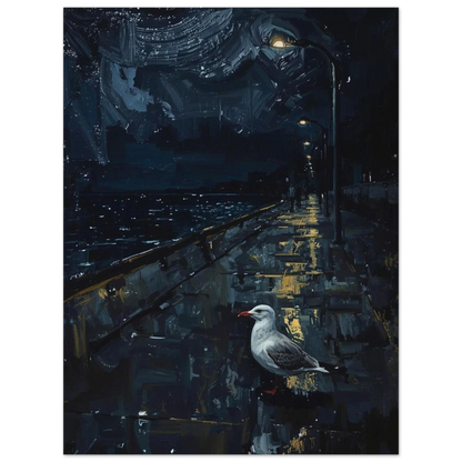 Mås på mörk kustpromenad, akrylmålning med gatlyktor och hav.