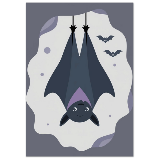 Söt fladdermus som sover uppochnervänt i en lila grotta, barnrumsposter