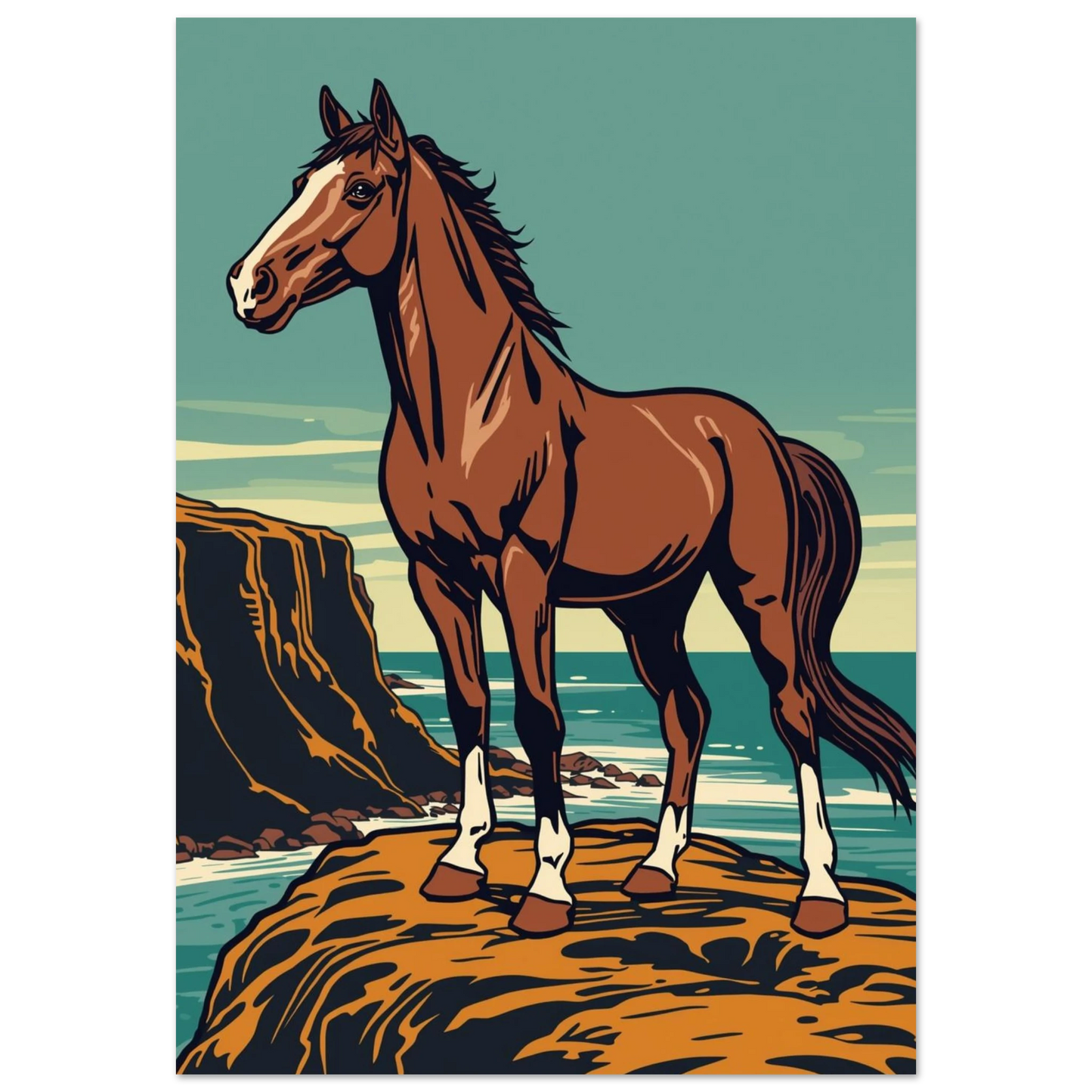Brun häst med vita tecken på en klippa vid havet – grafisk poster