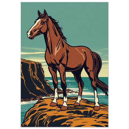 Brun häst med vita tecken på en klippa vid havet – grafisk poster