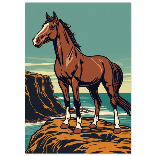 Brun häst med vita tecken på en klippa vid havet – grafisk poster