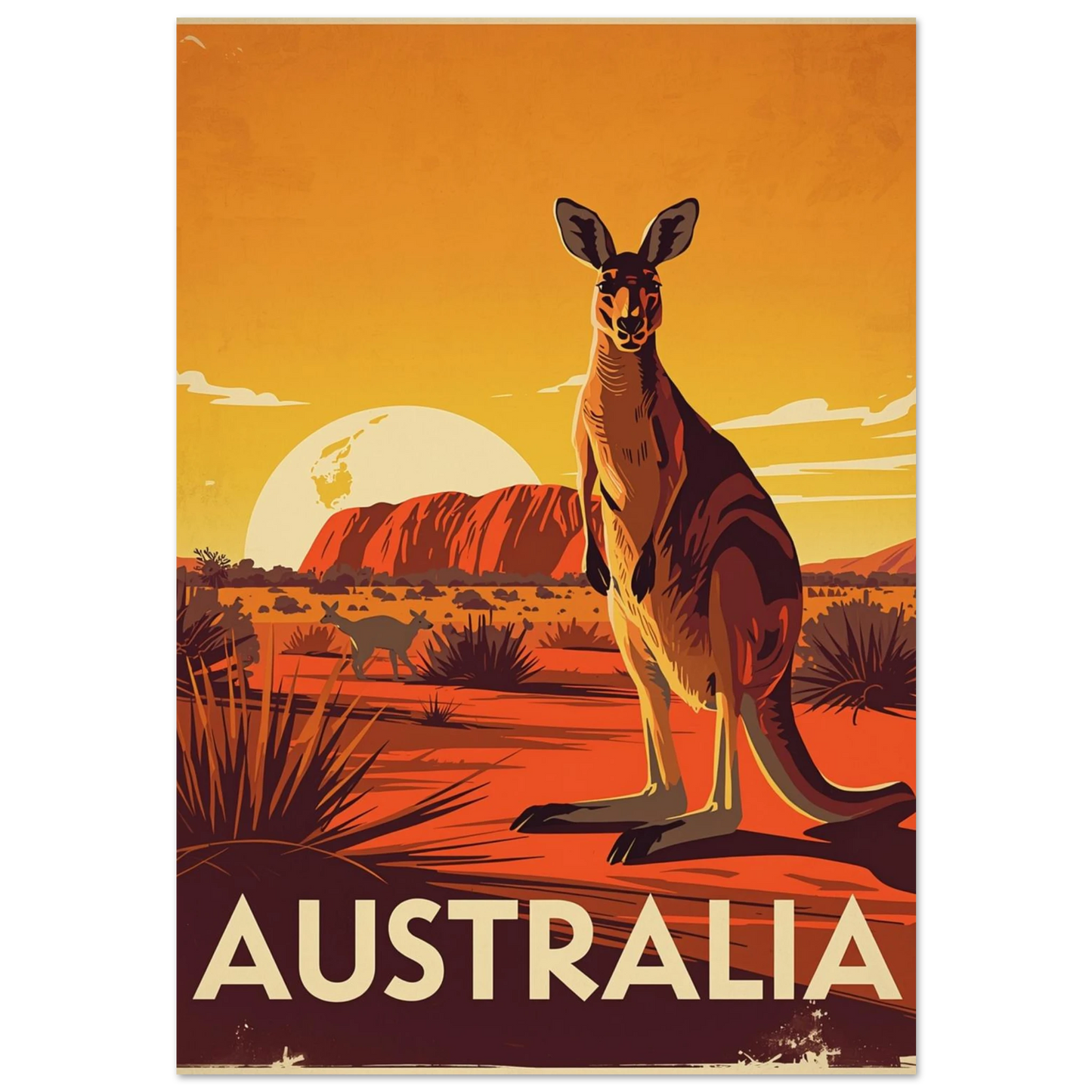 Känguru framför Uluru i orange solnedgång – vintage reseposter för väggen