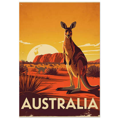 Känguru framför Uluru i orange solnedgång – vintage reseposter för väggen