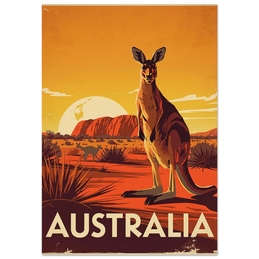 Känguru framför Uluru i orange solnedgång – vintage reseposter för väggen