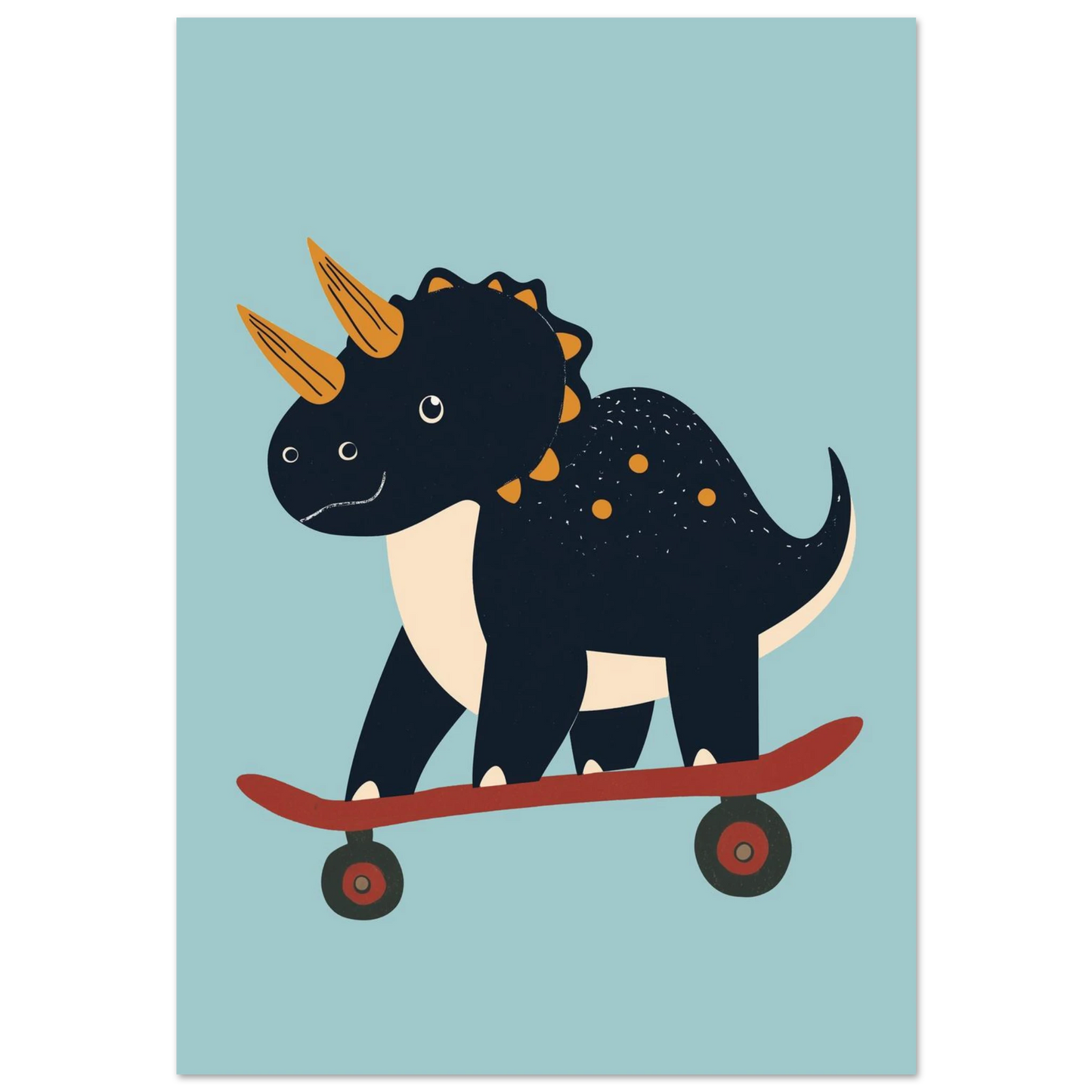 Mörkblå triceratops på röd skateboard mot ljusblå bakgrund, lekfull barnposter