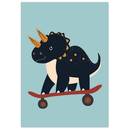 Mörkblå triceratops på röd skateboard mot ljusblå bakgrund, lekfull barnposter