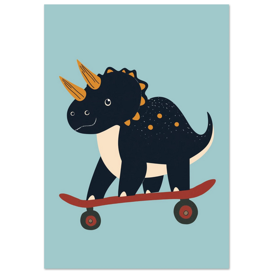 Mörkblå triceratops på röd skateboard mot ljusblå bakgrund, lekfull barnposter