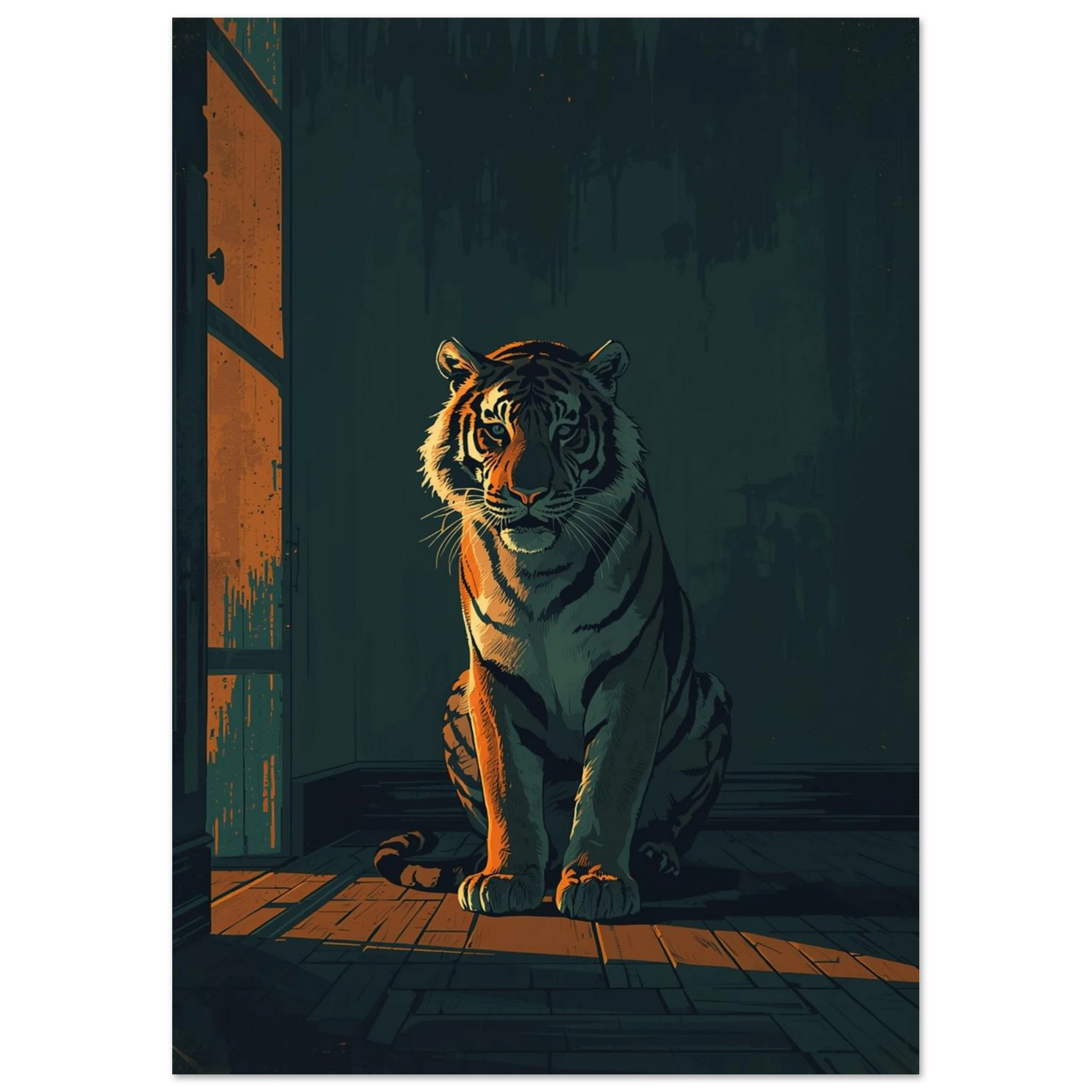 Majestätisk tiger i mörkt rum, konstnärligt print med fokus på blicken