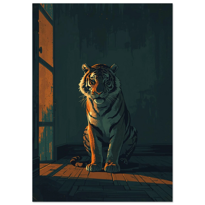 Majestätisk tiger i mörkt rum, konstnärligt print med fokus på blicken