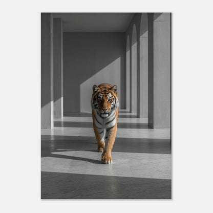 Stor bild av tiger som går i en korridor, placerad på en vit bakgrund – Fotorealistisk poster
