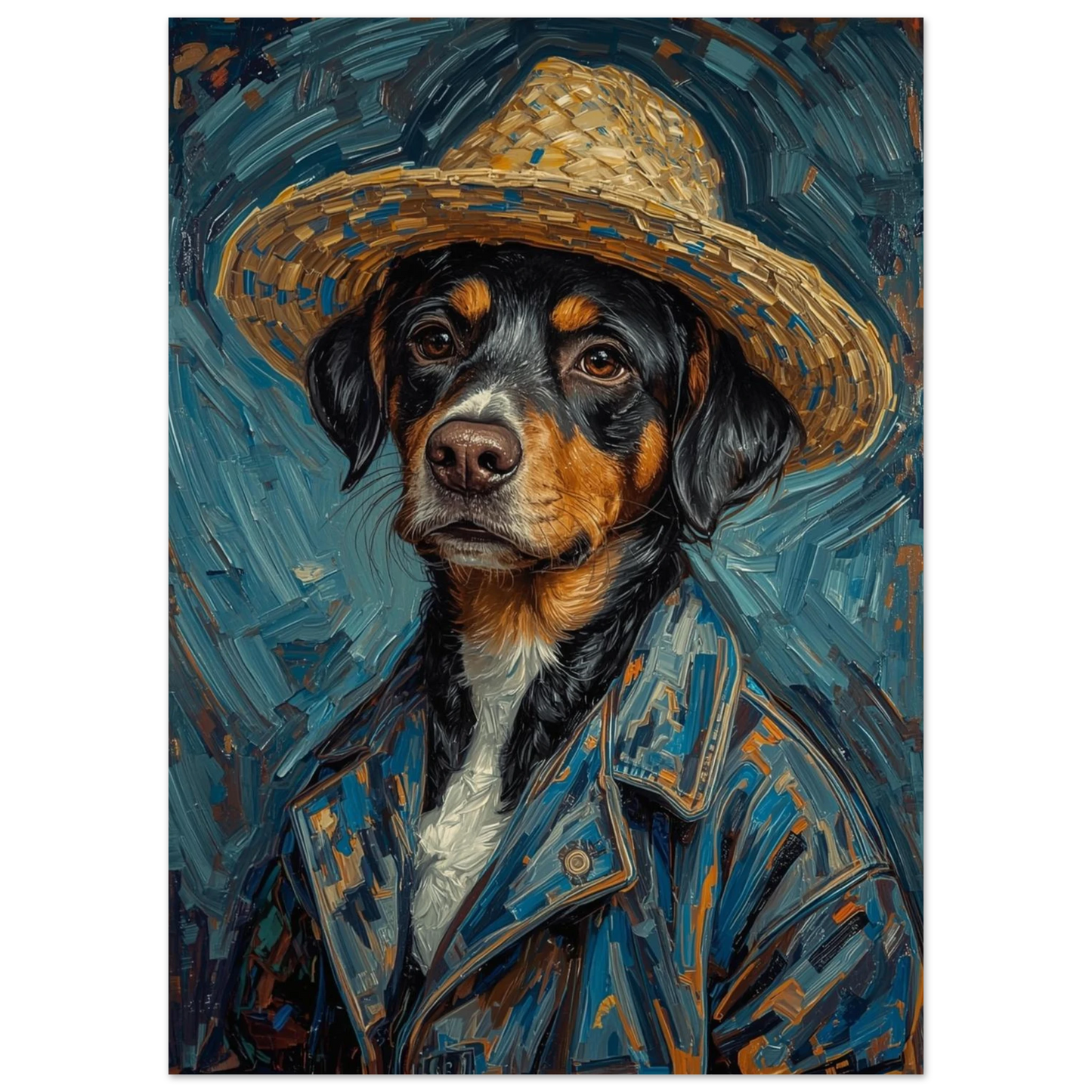 Närbild på hundmotiv med stråhatt och texturerade penseldrag i blått