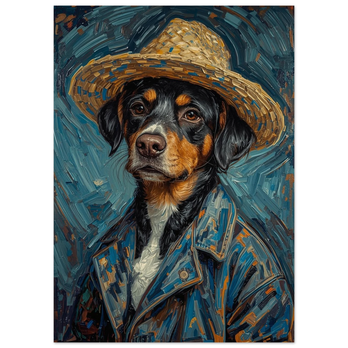 Närbild på hundmotiv med stråhatt och texturerade penseldrag i blått
