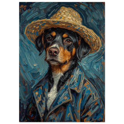 Närbild på hundmotiv med stråhatt och texturerade penseldrag i blått