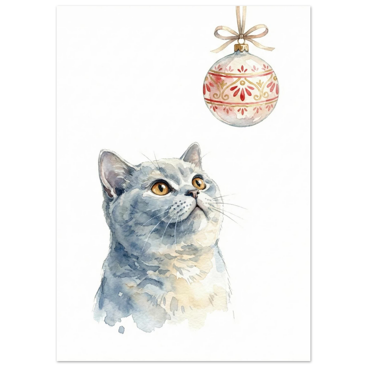 Närbild på kattens ansikte i mjuk akvarellstil med julmotiv