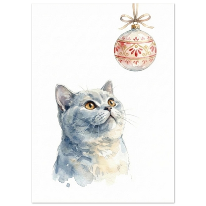 Närbild på kattens ansikte i mjuk akvarellstil med julmotiv