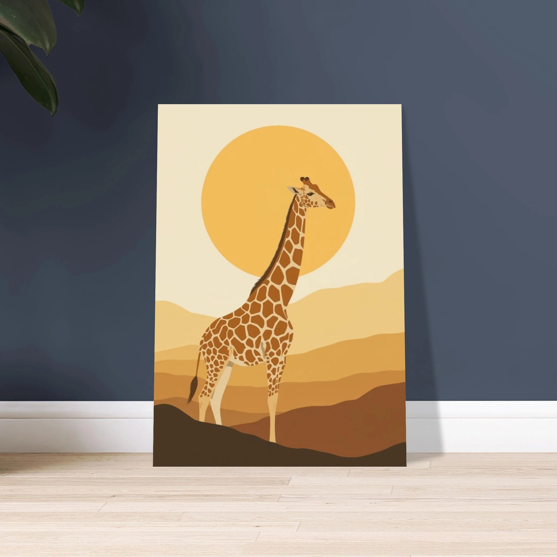 Stiliserad giraff i solnedgång, lugn och harmonisk savannkänsla.