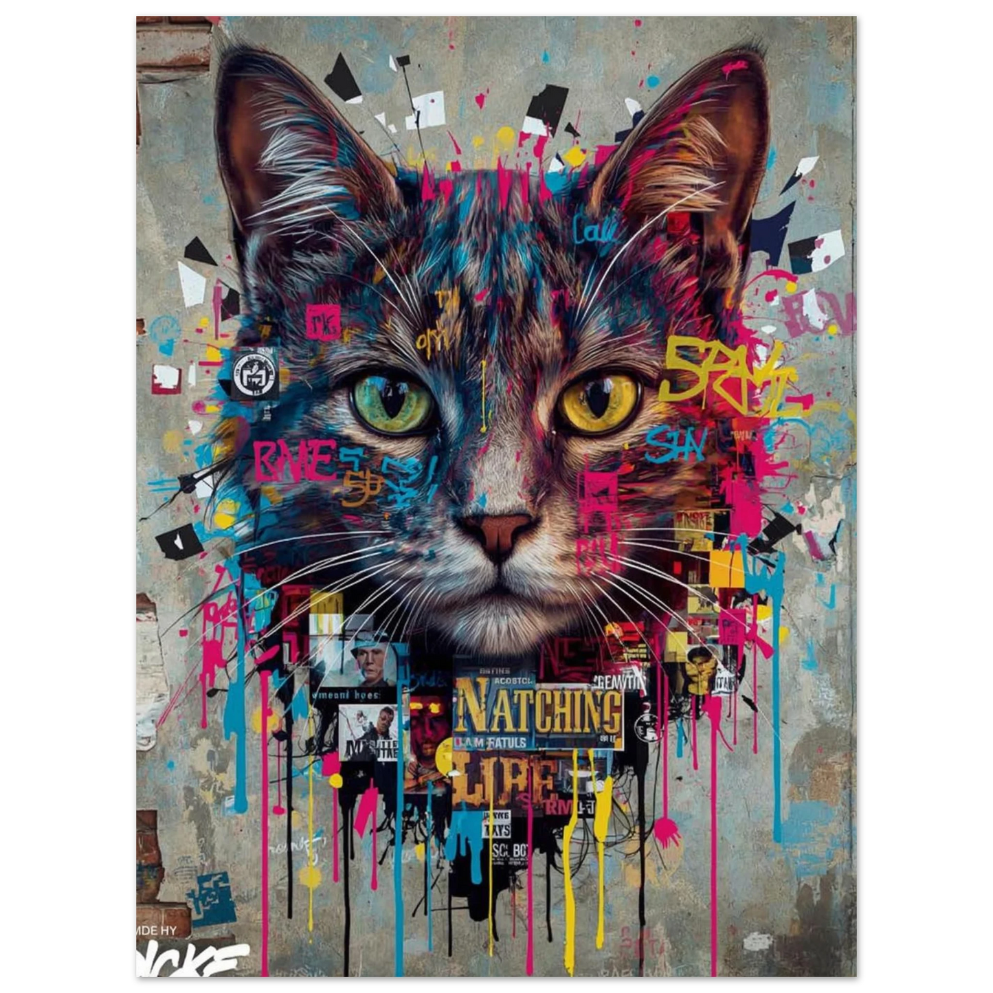 Modern väggkonst med kattmotiv inspirerat av gatukonst och collage