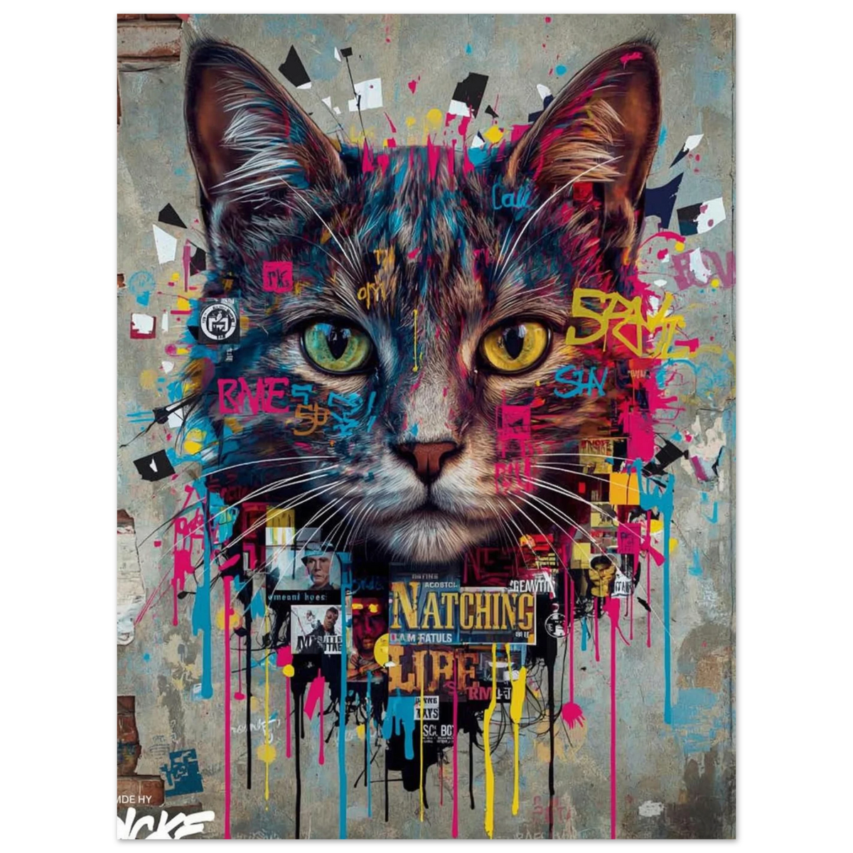 Modern väggkonst med kattmotiv inspirerat av gatukonst och collage