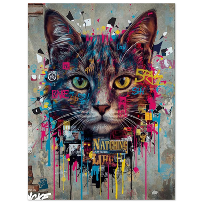 Modern väggkonst med kattmotiv inspirerat av gatukonst och collage