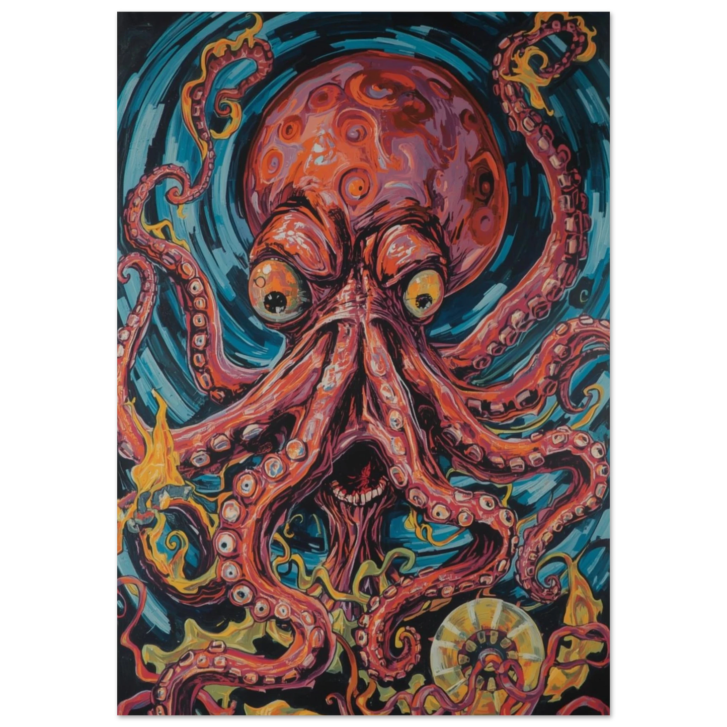 Poster Kraken Nightmare med röd bläckfisk i ett virvlande blått hav