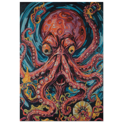 Poster Kraken Nightmare med röd bläckfisk i ett virvlande blått hav