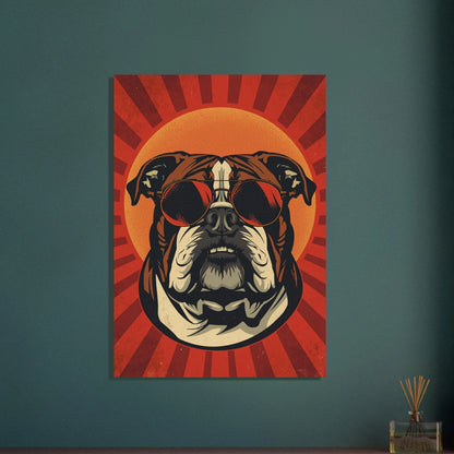 Inramad djurposter med bulldog i solglasögon på en mörkblå vägg
