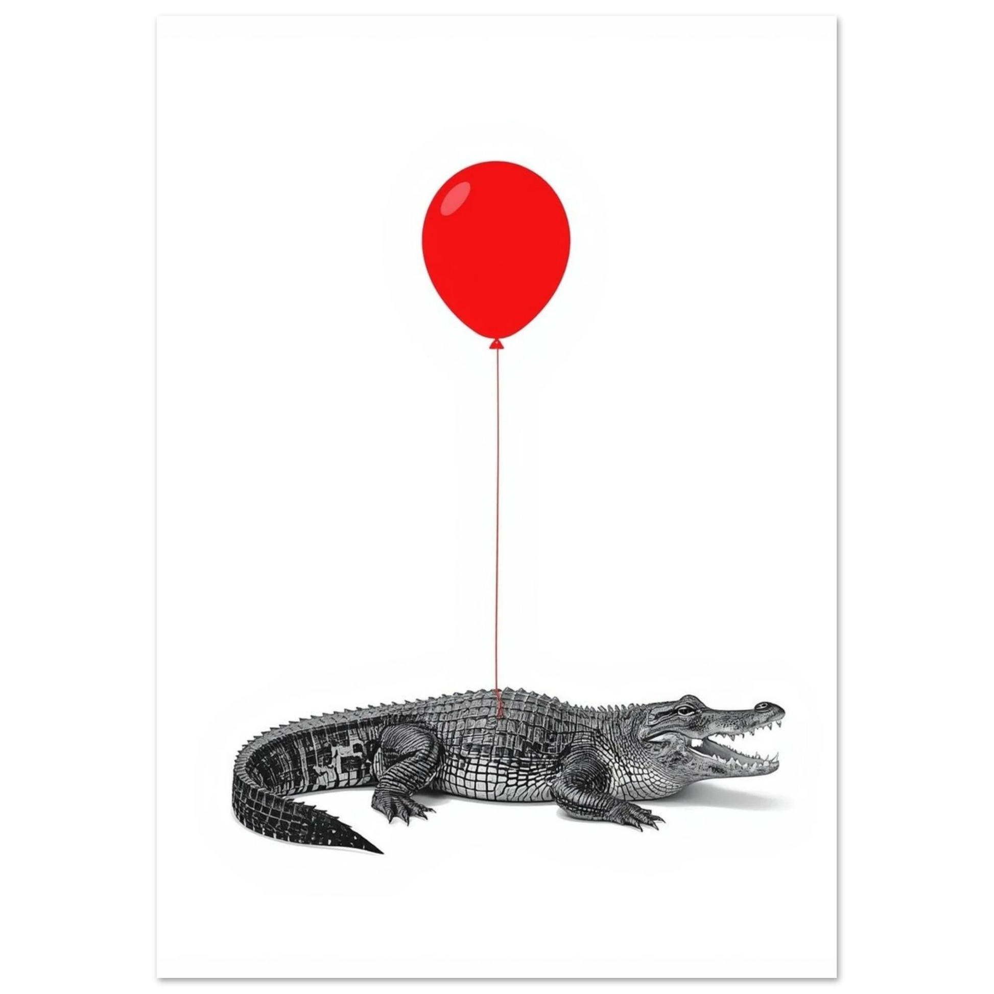 Surrealistisk illustration av en krokodil bunden vid en röd ballong