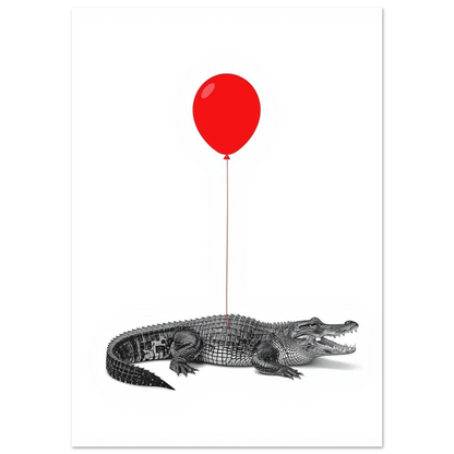 Surrealistisk illustration av en krokodil bunden vid en röd ballong