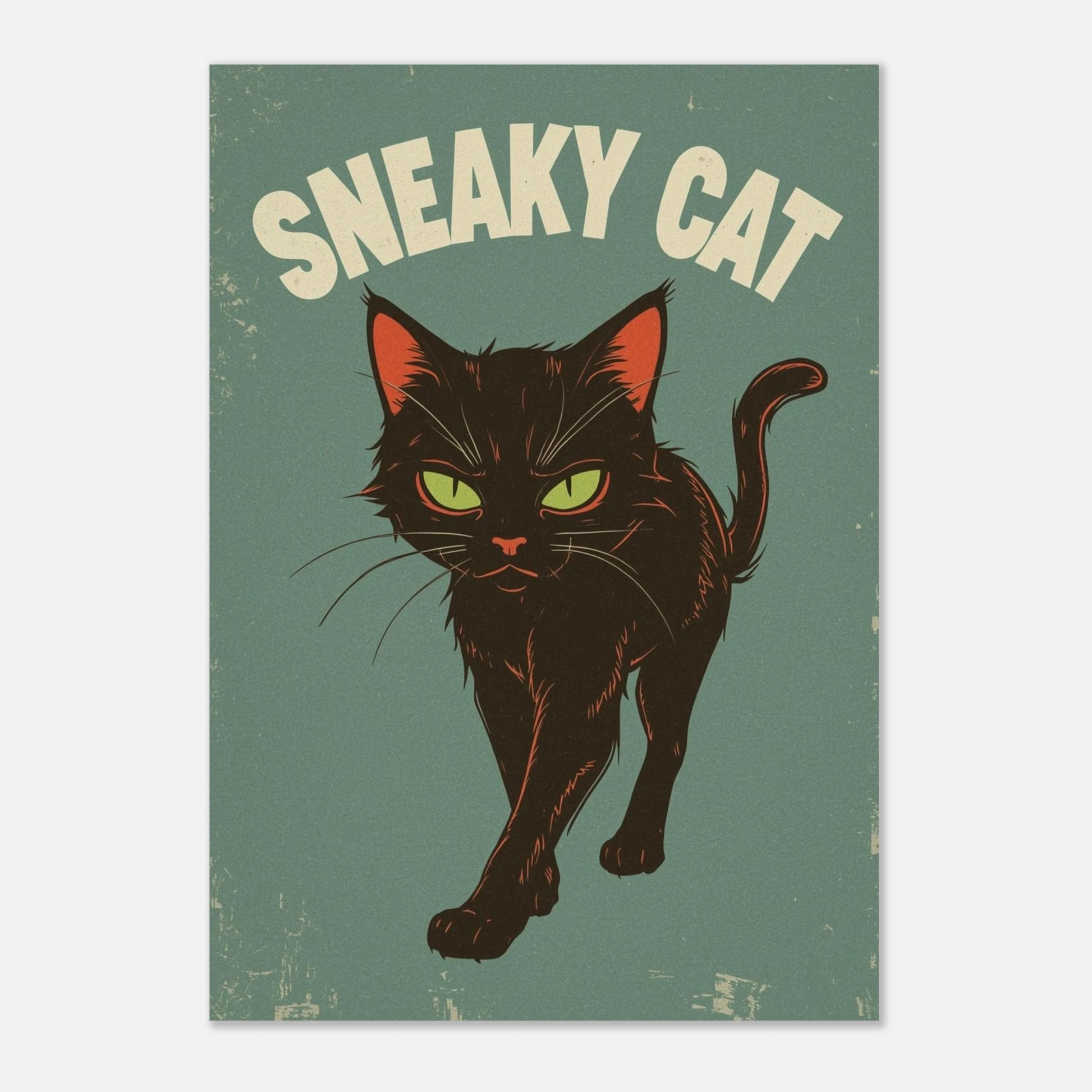 Grafisk poster föreställande en smygande katt med lekfull text, väggkonst