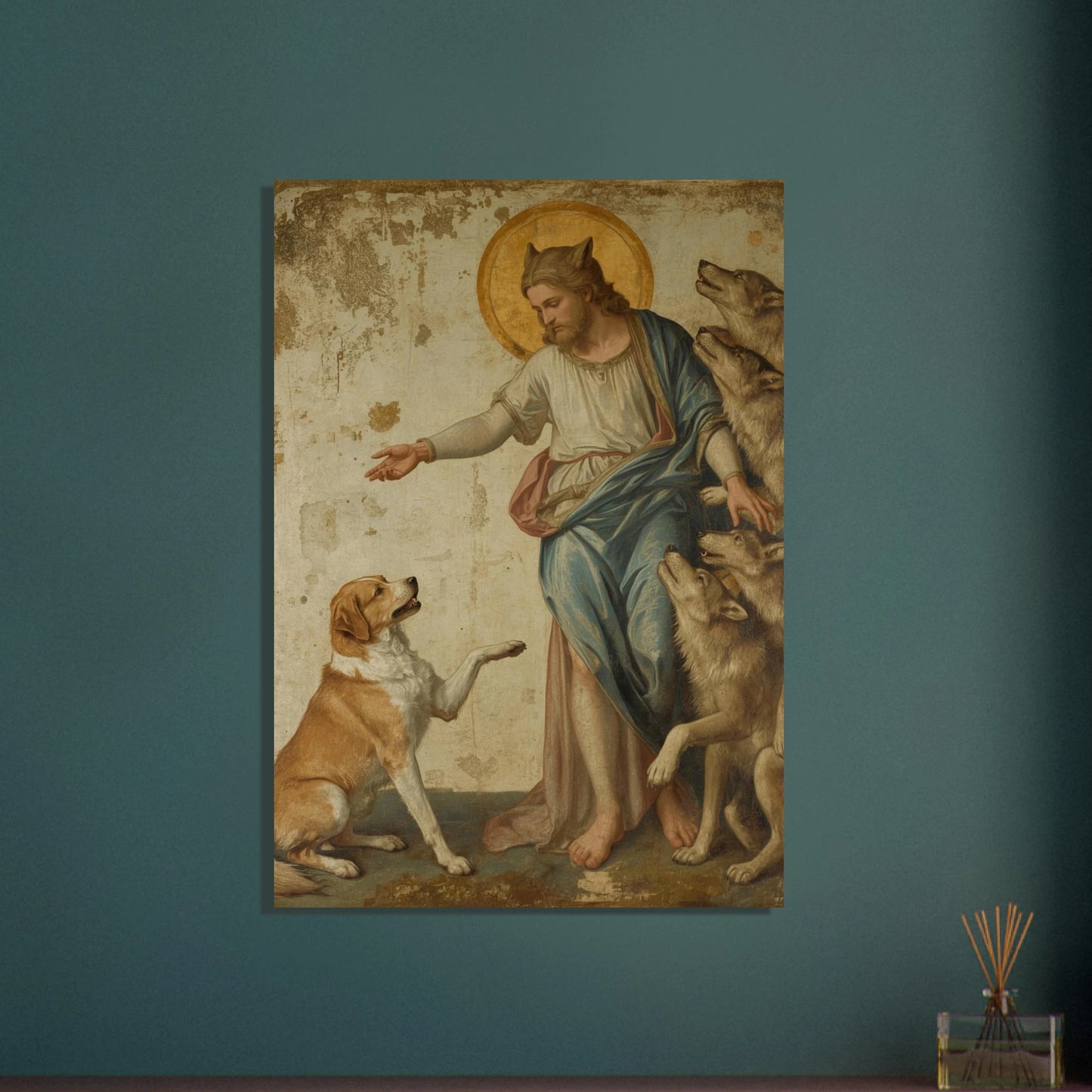 Hund och vargar möter en figur med djuröron i en klassisk målning.