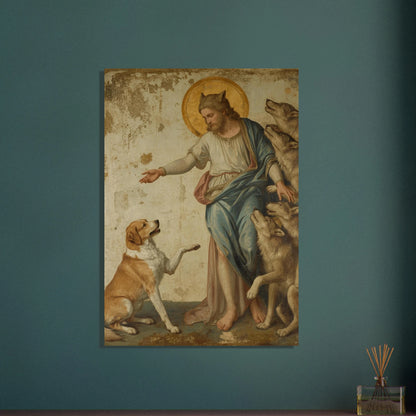 Hund och vargar möter en figur med djuröron i en klassisk målning.