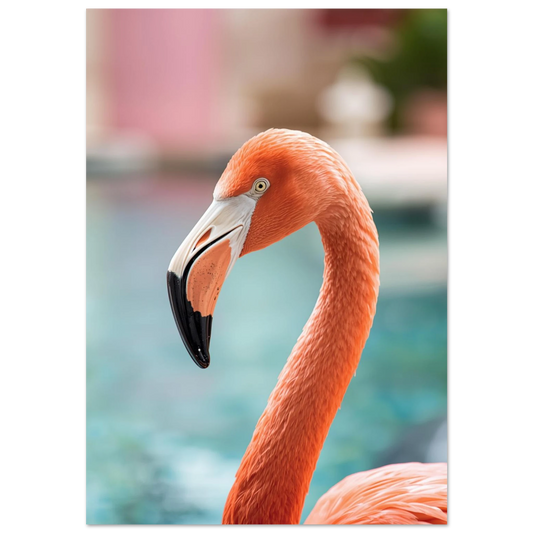Närbild på rosa flamingo mot turkos bakgrund – fotorealistisk djurposter