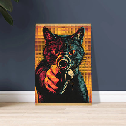 Stiliserad katt med revolver i popkonststil, intensiva färger