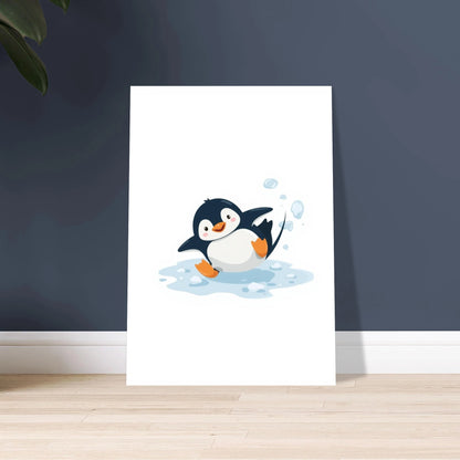 Lekfull pingvin som halkar på isen, tecknad illustration