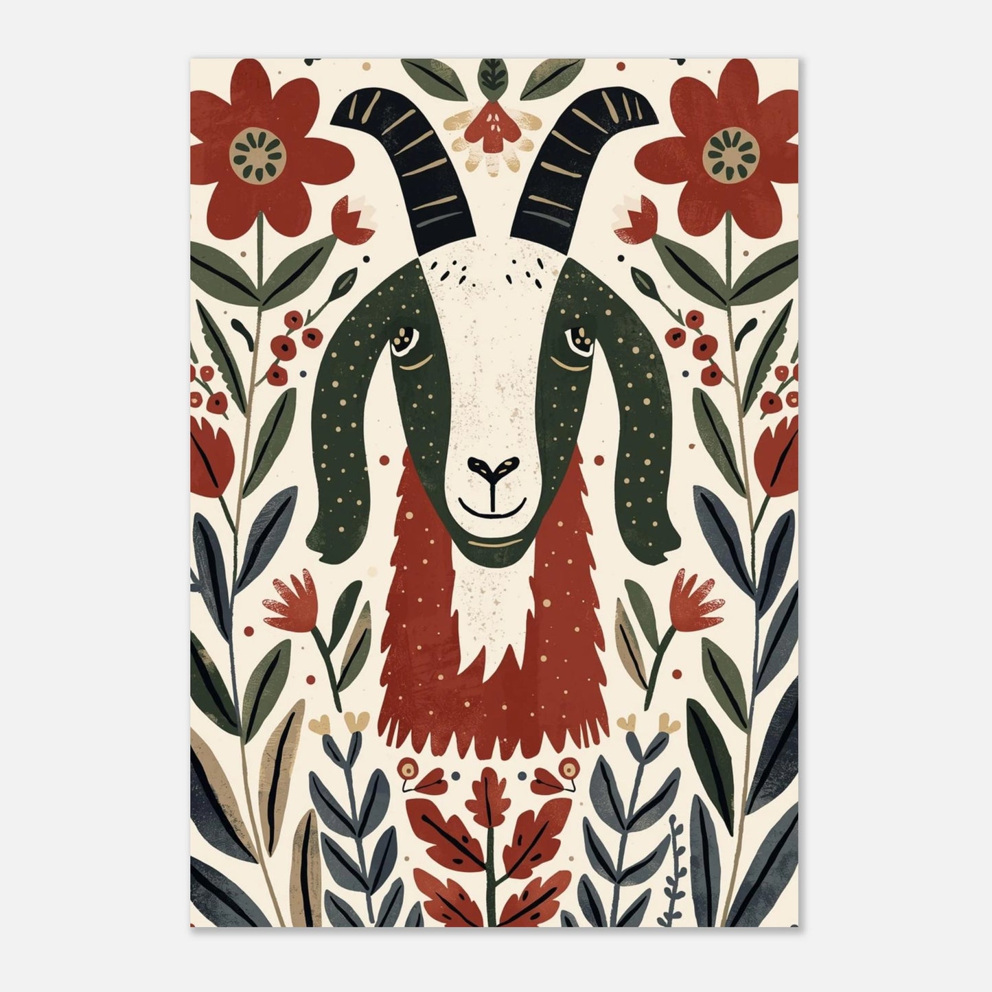 Grafiskt konsttryck av en get i traditionell nordisk design med blomdetaljer