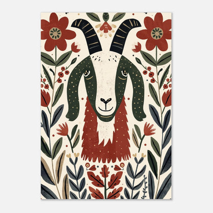 Grafiskt konsttryck av en get i traditionell nordisk design med blomdetaljer