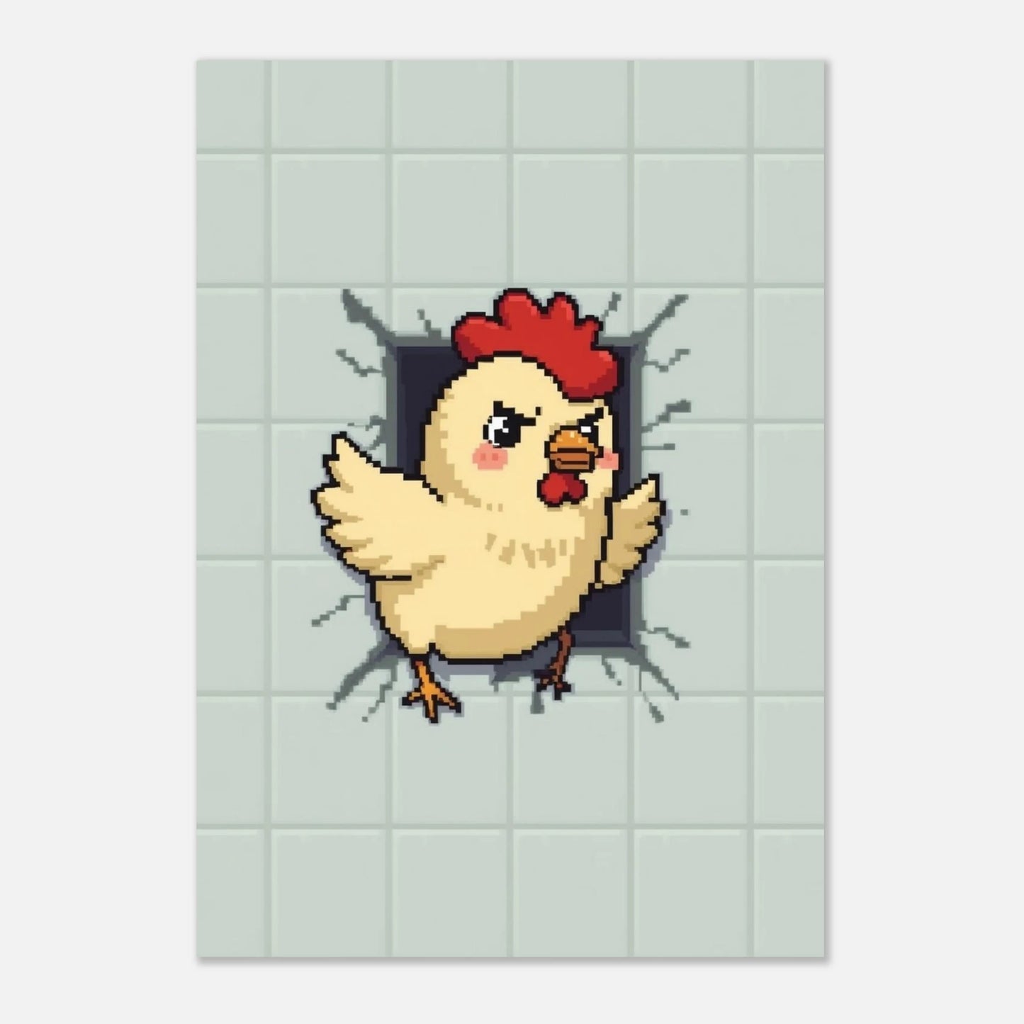 Söt kyckling med röd kam i pixel art stil, modern väggkonst